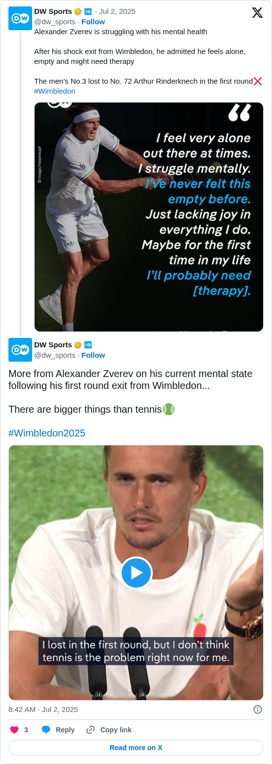 DW Sports: More from Alexander Zverev on his current mental state following his first round exit from Wimbledon...

There are bigger things than tennis🎾 

#Wimbledon2025 https://t.co/FuZOsecj5t