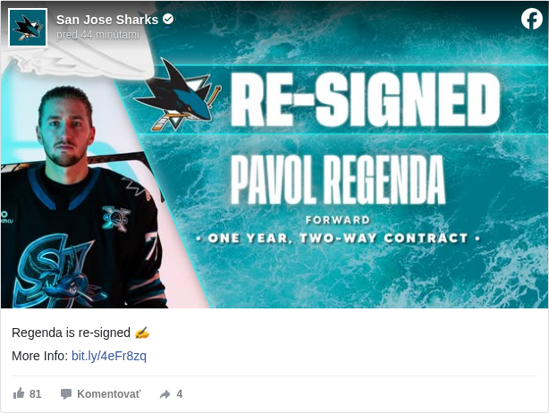 San Jose Sharks: Regenda is re-signed ✍️

 More Info: bit.ly/4eFr8zq <https://l.facebook.com/l.php?u=https%3A%2F%2Fbit.ly%2F4eFr8zq&h=AT3VOazKuTX8ysmqXHMsctqRMmjhRoR6nLYshv-X7vhqbEFsg9e_lRxyyNQp8jwKKtyR7Ld2cCzXf-y4uDeA-zvccdJpsX-aGxdOqR72Jsf4sB3-1dwWsUeS1Pj__xph1vo>

