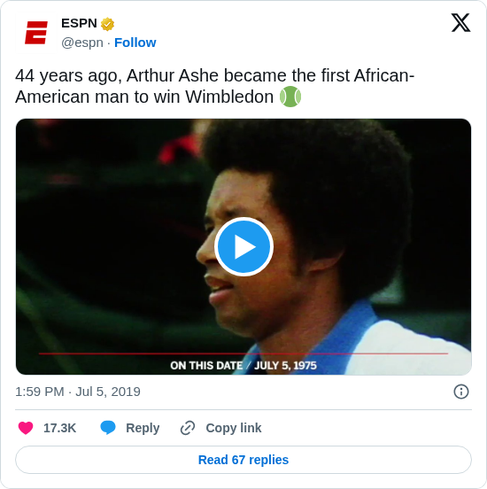 ESPN: 44 years ago, Arthur Ashe became the first African-American man to win Wimbledon 🎾 https://t.co/pPsVS5PTC7