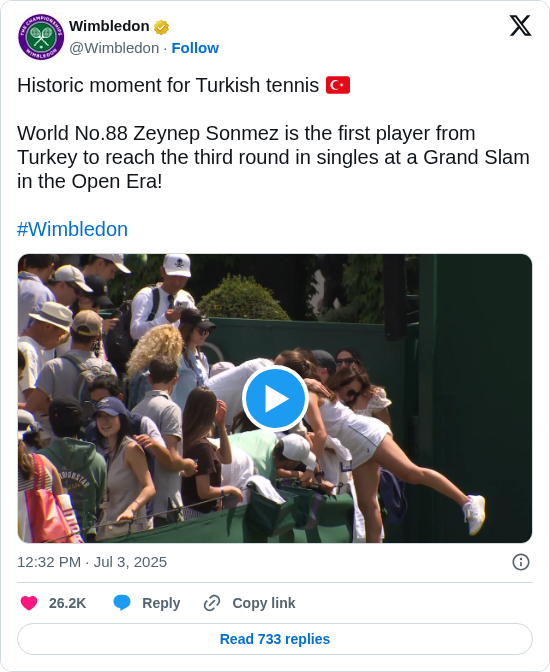 Wimbledon: Historic moment for Turkish tennis 🇹🇷 

World No.88 Zeynep Sonmez is the first player from Turkey to reach the third round in singles at a Grand Slam in the Open Era! 

#Wimbledon https://t.co/XXW3r2PoPX