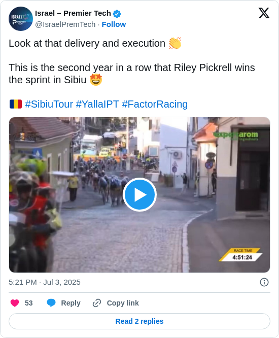 Israel – Premier Tech: Look at that delivery and execution 👏

This is the second year in a row that Riley Pickrell wins the sprint in Sibiu 🤩

🇷🇴 #SibiuTour #YallaIPT #FactorRacing https://t.co/KEaFN19yHn