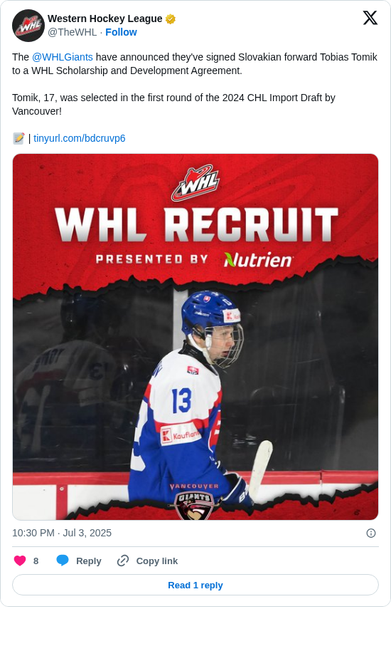 Western Hockey League: The @WHLGiants have announced they've signed Slovakian forward Tobias Tomik to a WHL Scholarship and Development Agreement. 

Tomik, 17, was selected in the first round of the 2024 CHL Import Draft by Vancouver!

📝 | https://t.co/iuVVDbHb1x https://t.co/clXVMdD48z