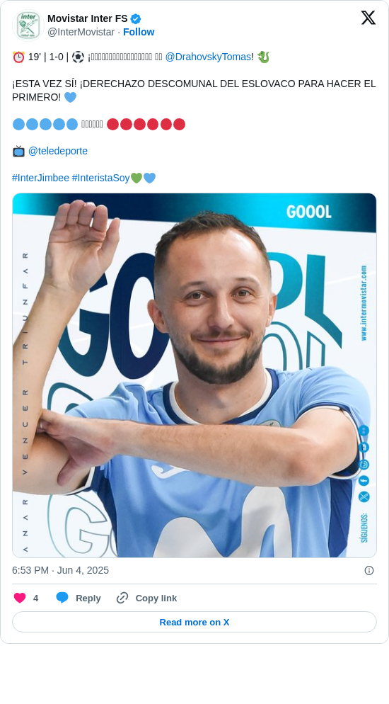 Movistar Inter FS: ⏰ 19' | 1-0 | ⚽️ ¡𝐆𝐎𝐎𝐎𝐎𝐎𝐎𝐎𝐎𝐋𝐋𝐋𝐋𝐋𝐋𝐋𝐋 𝐝𝐞 @DrahovskyTomas! 🐉

¡ESTA VEZ SÍ! ¡DERECHAZO DESCOMUNAL DEL ESLOVACO PARA HACER EL PRIMERO! 💙

🔵🔵🔵🔵🔵 𝐅𝐀𝐋𝐓𝐀𝐒 🔴🔴🔴🔴🔴🔴

📺 @teledeporte

#InterJimbee #InteristaSoy💚💙 https://t.co/VPyTJfOp5J