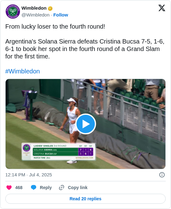 Wimbledon: From lucky loser to the fourth round! 

Argentina's Solana Sierra defeats Cristina Bucsa 7-5, 1-6, 6-1 to book her spot in the fourth round of a Grand Slam for the first time. 

#Wimbledon https://t.co/4jlXNDaetN