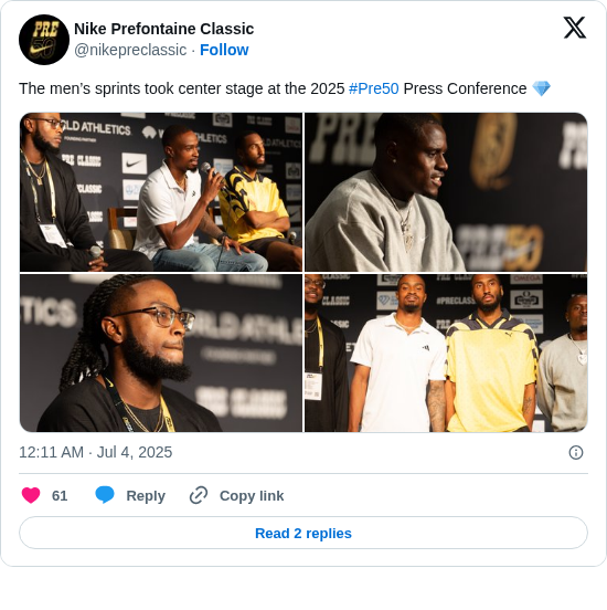 Nike Prefontaine Classic: The men’s sprints took center stage at the 2025 #Pre50 Press Conference 💎 https://t.co/MUyCTRjaOd