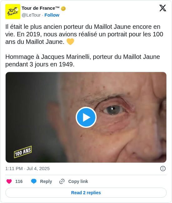 Tour de France™: Il était le plus ancien porteur du Maillot Jaune encore en vie. En 2019, nous avions réalisé un portrait pour les 100 ans du Maillot Jaune. 💛

Hommage à Jacques Marinelli, porteur du Maillot Jaune pendant 3 jours en 1949. https://t.co/0YZjaI08WG