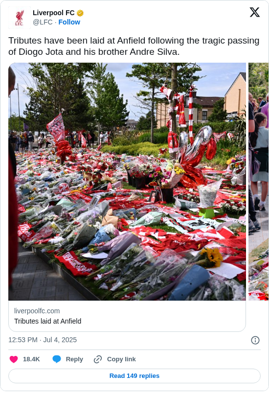 Liverpool FC: Tributes have been laid at Anfield following the tragic passing of Diogo Jota and his brother Andre Silva.