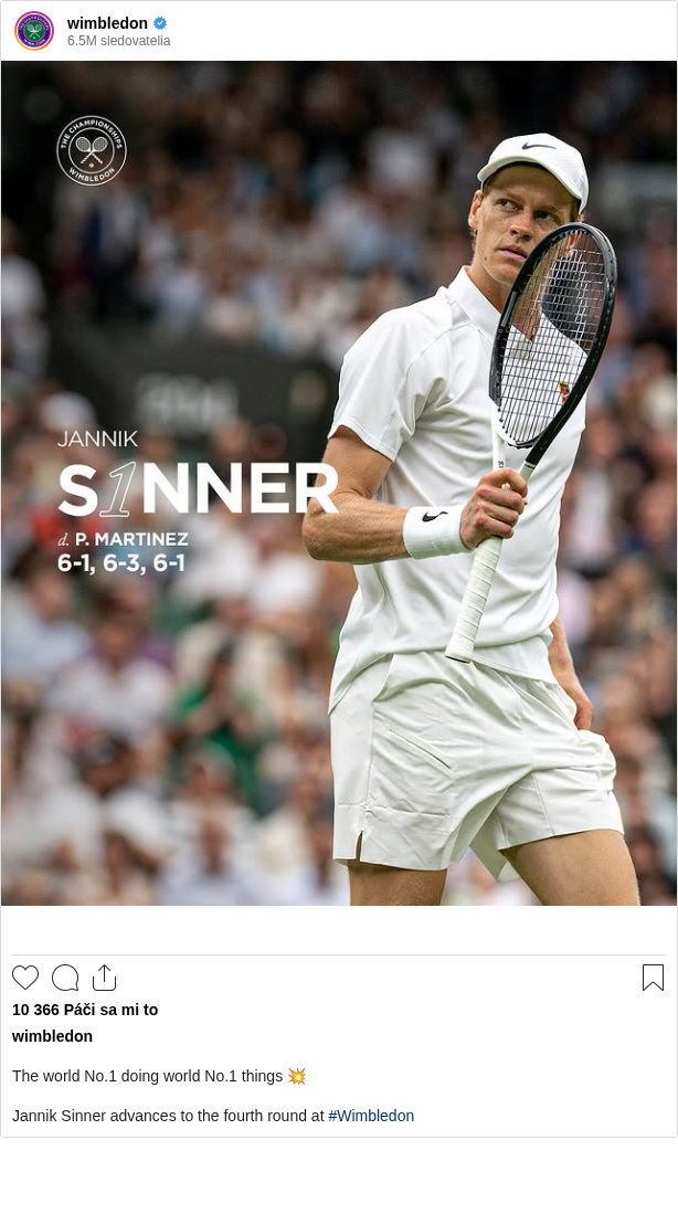 

The world No.1 doing world No.1 things 💥

Jannik Sinner advances to the fourth round at #Wimbledon