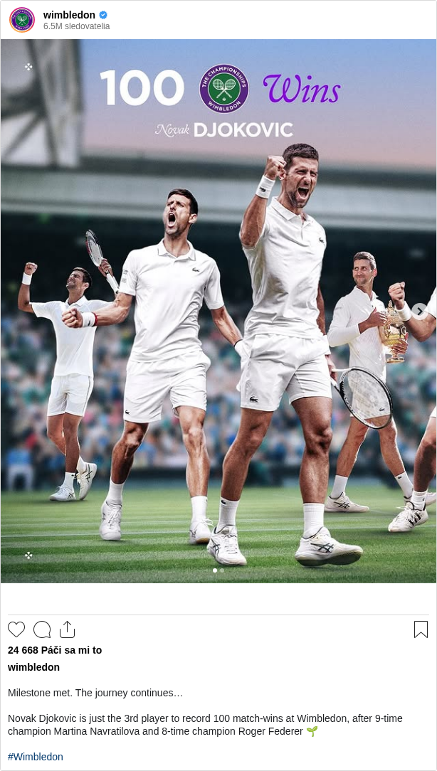 

Milestone met. The journey continues…

Novak Djokovic is just the 3rd player to record 100 match-wins at Wimbledon, after 9-time champion Martina Navratilova and 8-time champion Roger Federer 🌱

#Wimbledon