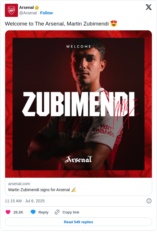 Arsenal: Welcome to The Arsenal, Martin Zubimendi 😍