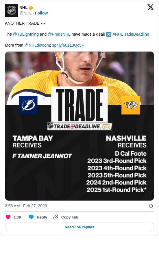 NHL: ANOTHER TRADE 👀

The @TBLightning and @PredsNHL have made a deal! 🔀 #NHLTradeDeadline 

More from @NHLdotcom: https://t.co/vRK1ArN8pF https://t.co/vM4DV9HKjG