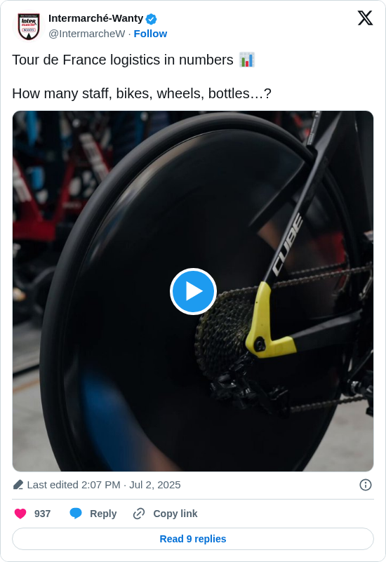 Intermarché-Wanty: Tour de France logistics in numbers 📊

How many staff, bikes, wheels, bottles…? https://t.co/IklXTSSklp