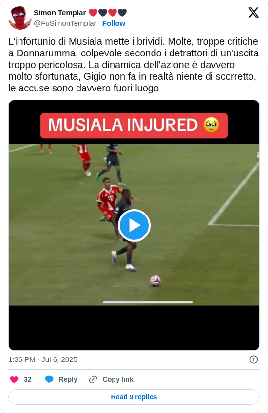 Simon Templar ❤️🖤❤️🖤: L'infortunio di Musiala mette i brividi. Molte, troppe critiche a Donnarumma, colpevole secondo i detrattori di un'uscita troppo pericolosa. La dinamica dell'azione è davvero molto sfortunata, Gigio non fa in realtà niente di scorretto, le accuse sono davvero fuori luogo https://t.co/iRTYksU3Sr