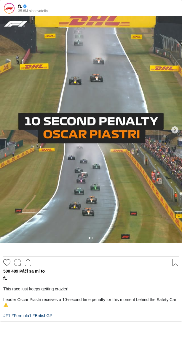 

This race just keeps getting crazier!

Leader Oscar Piastri receives a 10-second time penalty for this moment behind the Safety Car ⚠️

#F1 #Formula1 #BritishGP