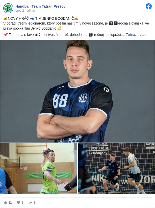 Handball Team Tatran Prešov: ✍️NOVÝ HRÁČ 🇸🇮 TIM JENKO BOGDANIČ✍️
 V poradí tretím legionárom, ktorý posilní náš tím v novej sezóne, je 3️⃣1️⃣-ročná slovinská 🇸🇮 pravá spojka Tim Jenko Bogdanič 💪

 📌 Tatran sa s ľavorukým univerzálom ✍️ dohodol na 2️⃣-ročnej spolupráci.

 ℹ️ Ďalšie informácie k angažovaniu 🤾 Tima sa dozviete v článku na webe 👉https://tatranpresov.sk/…/dalsim-novicom-v-tatrane-je-31-ro… <https://l.facebook.com/l.php?u=https%3A%2F%2Ftatranpresov.sk%2Fclanok%2Fdalsim-novicom-v-tatrane-je-31-rocny-slovinec-bogdanic&h=AT3JGAJlhHIE0IVF_xM3KQe3sO1PfsEPd6bNT47uc1b0da-aYasH3Zfh8updRwFTRHcHJpPLRXodq14jegRo55m5-eMk577cs4GOVdT6MRlMoBmEGtLYRTV5Y9mEJBChna2845Qrokkj4ys>

 📸 ČSH, Lovci Lovosice

