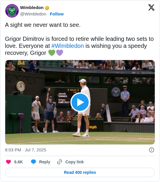 Wimbledon: A sight we never want to see.

Grigor Dimitrov is forced to retire while leading two sets to love. Everyone at #Wimbledon is wishing you a speedy recovery, Grigor 💚💜 https://t.co/qBwiMbq3e2