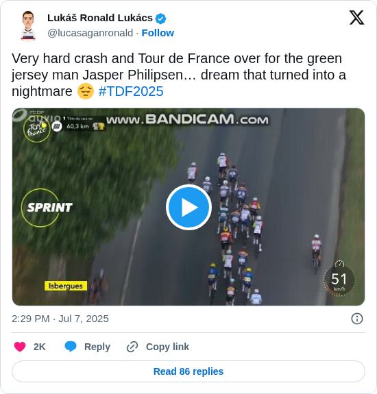 Lukáš Ronald Lukács: Very hard crash and Tour de France over for the green jersey man Jasper Philipsen… dream that turned into a nightmare 😔 #TDF2025 https://t.co/323aIDvIcw