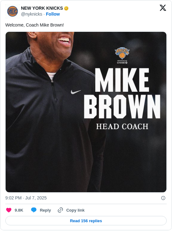 NEW YORK KNICKS: Welcome, Coach Mike Brown! https://t.co/UC8tigtjzi