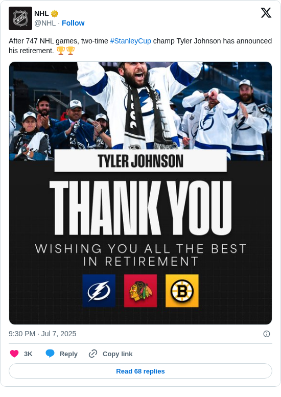 NHL: After 747 NHL games, two-time #StanleyCup champ Tyler Johnson has announced his retirement. 🏆🏆 https://t.co/nTO83hIfeH