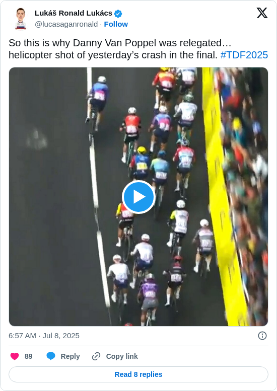 Lukáš Ronald Lukács: So this is why Danny Van Poppel was relegated… helicopter shot of yesterday’s crash in the final. #TDF2025 https://t.co/wIgUYFDpS5