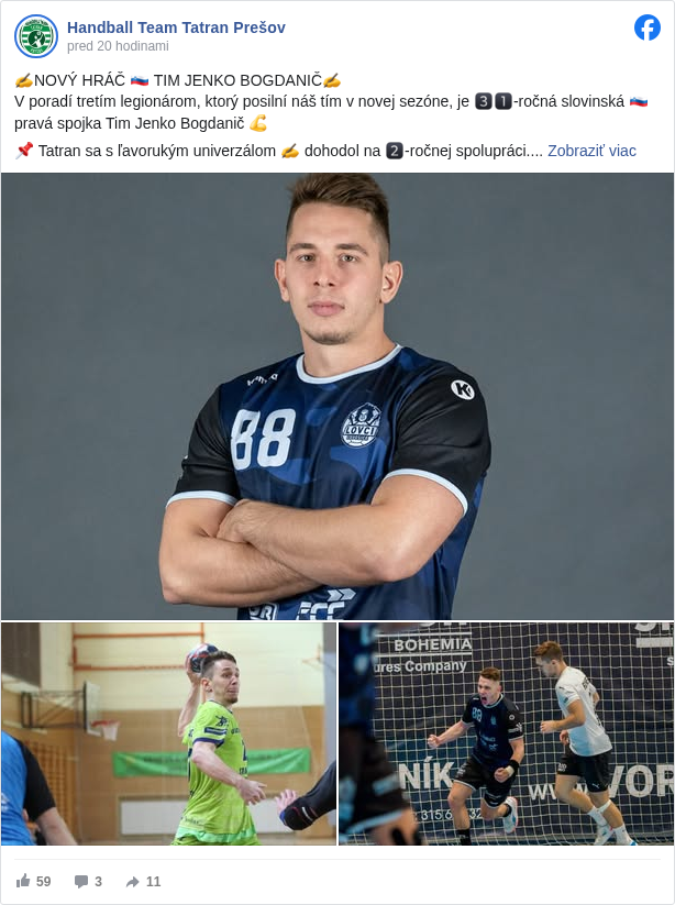 Handball Team Tatran Prešov: ✍️NOVÝ HRÁČ 🇸🇮 TIM JENKO BOGDANIČ✍️
 V poradí tretím legionárom, ktorý posilní náš tím v novej sezóne, je 3️⃣1️⃣-ročná slovinská 🇸🇮 pravá spojka Tim Jenko Bogdanič 💪

 📌 Tatran sa s ľavorukým univerzálom ✍️ dohodol na 2️⃣-ročnej spolupráci.

 ℹ️ Ďalšie informácie k angažovaniu 🤾 Tima sa dozviete v článku na webe 👉https://tatranpresov.sk/…/dalsim-novicom-v-tatrane-je-31-ro… <https://l.facebook.com/l.php?u=https%3A%2F%2Ftatranpresov.sk%2Fclanok%2Fdalsim-novicom-v-tatrane-je-31-rocny-slovinec-bogdanic&h=AT0Av_e169FG_c8eqrYHndxpr8S7iKJX2cvv_EnAXBHBUSqblLeQeWoWd5ogdyZsYmAiJtkGw25b33WqSwhGpaKM_i2lot_vIEH58TSXP7uGqzunHI8Cl1p25db-0PIUmnxHteBTjozBeoE>

 📸 ČSH, Lovci Lovosice

