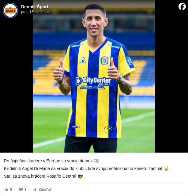 Denník Šport: Po úspešnej kariére v Európe sa vracia domov 🇦🇷

 Krídelník Angel Di Maria sa vracia do klubu, kde svoju profesionálnu kariéru začínal 🤘

 Stal sa znova hráčom Rosario Central 😎

