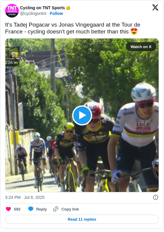 Cycling on TNT Sports: It's Tadej Pogacar vs Jonas Vingegaard at the Tour de France - cycling doesn't get much better than this 😍 https://t.co/HNiJfrJmNo