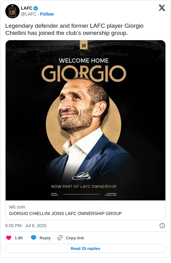LAFC: Legendary defender and former LAFC player Giorgio Chiellini has joined the club’s ownership group.