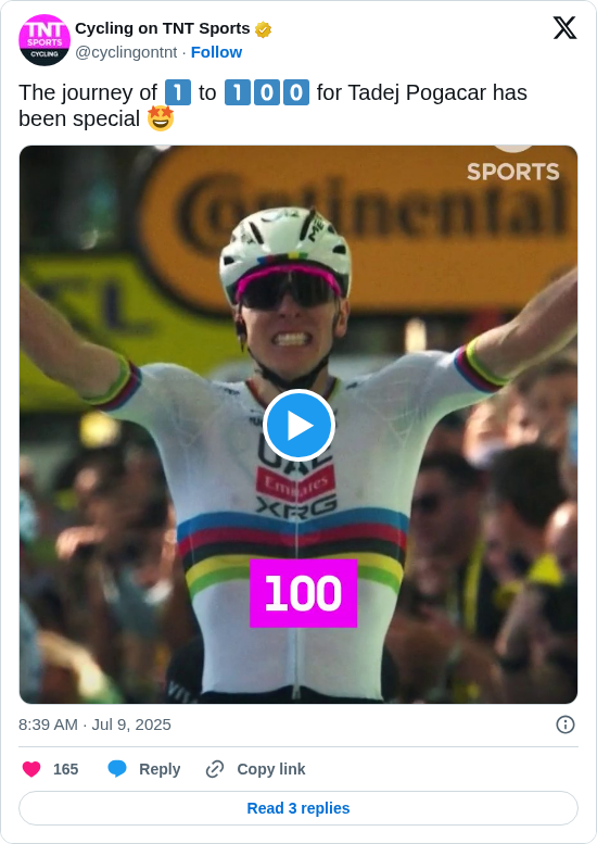 Cycling on TNT Sports: The journey of 1️⃣ to 1️⃣0️⃣0️⃣ for Tadej Pogacar has been special 🤩 https://t.co/GD0bPF1sD8