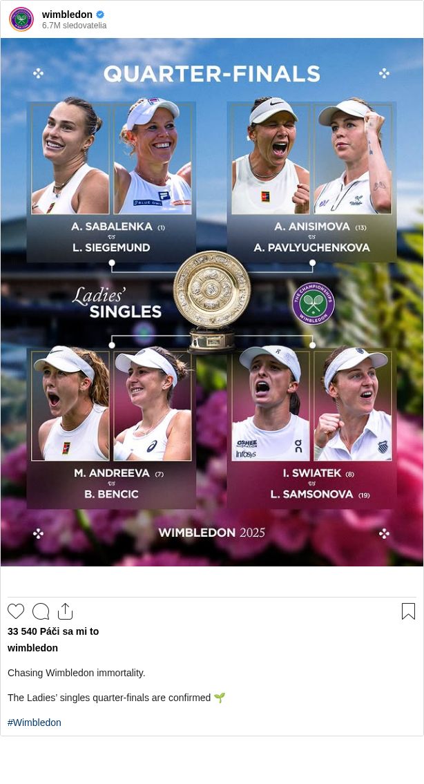 

Chasing Wimbledon immortality.

The Ladies’ singles quarter-finals are confirmed 🌱

#Wimbledon