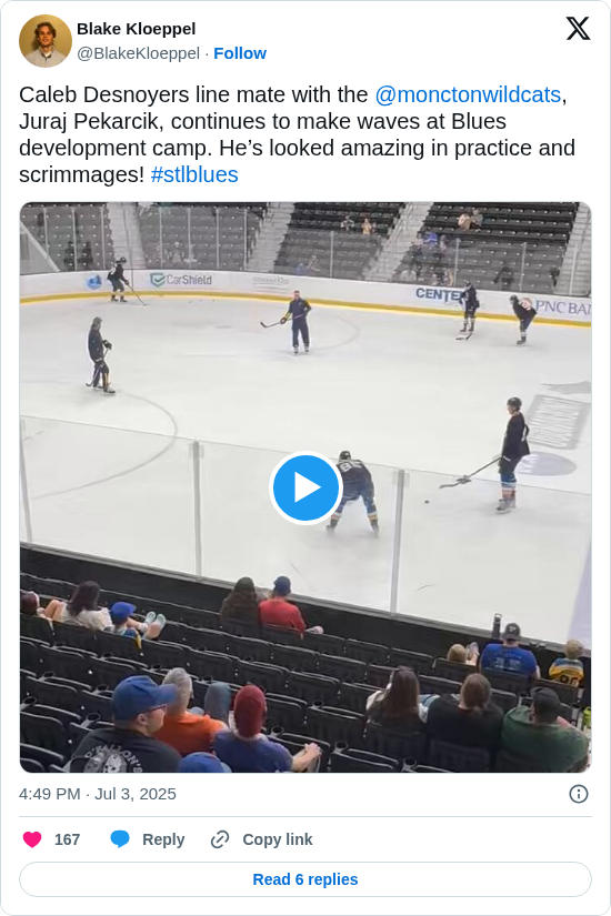 Blake Kloeppel: Caleb Desnoyers line mate with the @monctonwildcats, Juraj Pekarcik, continues to make waves at Blues development camp. He’s looked amazing in practice and scrimmages! #stlblues https://t.co/JGijgcXbNw