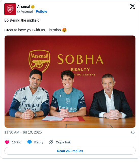Arsenal: Bolstering the midfield.

Great to have you with us, Christian 🤩 https://t.co/sy7dPQFvGD