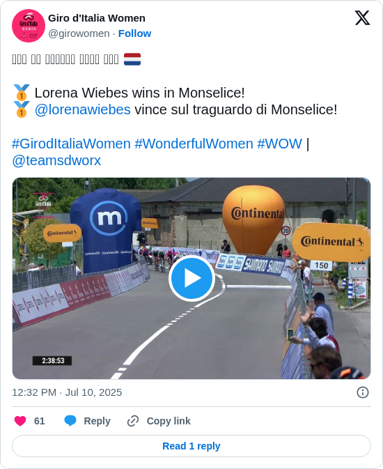 Giro d'Italia Women: 𝑻𝒘𝒐 𝒊𝒔 𝒃𝒆𝒕𝒕𝒆𝒓 𝒕𝒉𝒂𝒏 𝒐𝒏𝒆 🇳🇱

🥇 Lorena Wiebes wins in Monselice!
🥇 @lorenawiebes vince sul traguardo di Monselice!

#GirodItaliaWomen #WonderfulWomen #WOW | @teamsdworx https://t.co/hSquCtqKLP