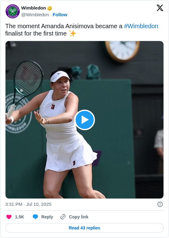 Wimbledon: The moment Amanda Anisimova became a #Wimbledon finalist for the first time ✨ https://t.co/tUBSsFCaoZ