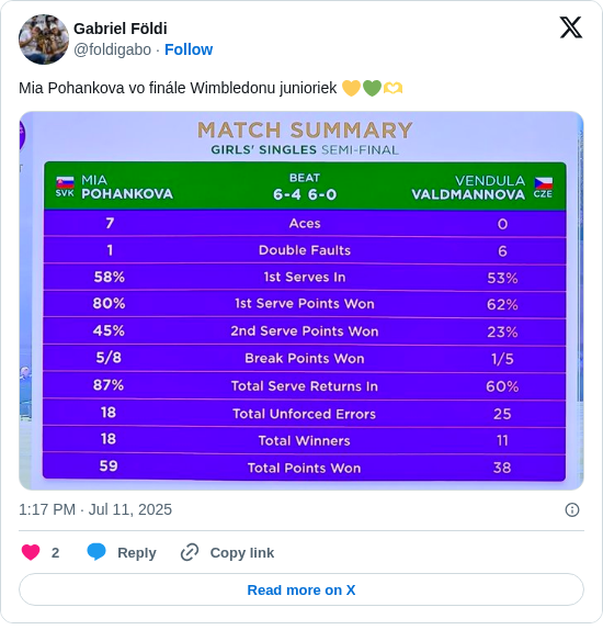 Gabriel Földi: Mia Pohankova vo finále Wimbledonu junioriek 💛💚🫶 https://t.co/x7gUlccNms
