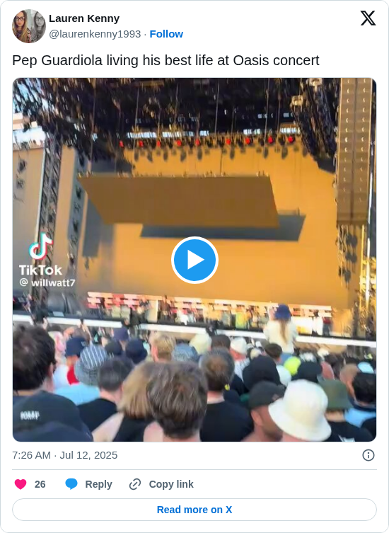 Lauren Kenny: Pep Guardiola living his best life at Oasis concert https://t.co/51Mxs19D1x