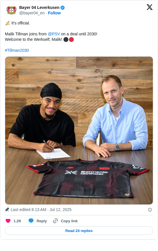 Bayer 04 Leverkusen: ✍️ It’s official.

Malik Tillman joins from @PSV on a deal until 2030! 
Welcome to the Werkself, Malik! ⚫🔴

#Tillman2030 https://t.co/rMqxx8Zcl3