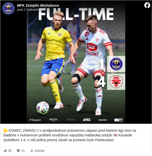 MFK Zemplín Michalovce: 🟡 KONIEC ZÁPASU | V predposlednom prípravnom zápase pred štartom ligy sme na štadióne v Humennom podľahli nováčikovi najvyššej maďarskej súťaže 🇭🇺 Kisvárde výsledkom 1:4, o náš jediný presný zásah sa postaral Gytis Paulauskas!

