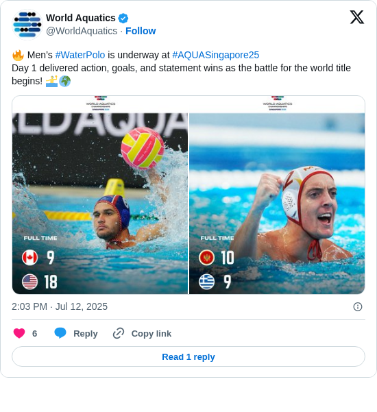 World Aquatics: 🔥 Men’s #WaterPolo is underway at #AQUASingapore25
Day 1 delivered action, goals, and statement wins as the battle for the world title begins! 🤽‍♂️🌍 https://t.co/Gsdj9pbCOU