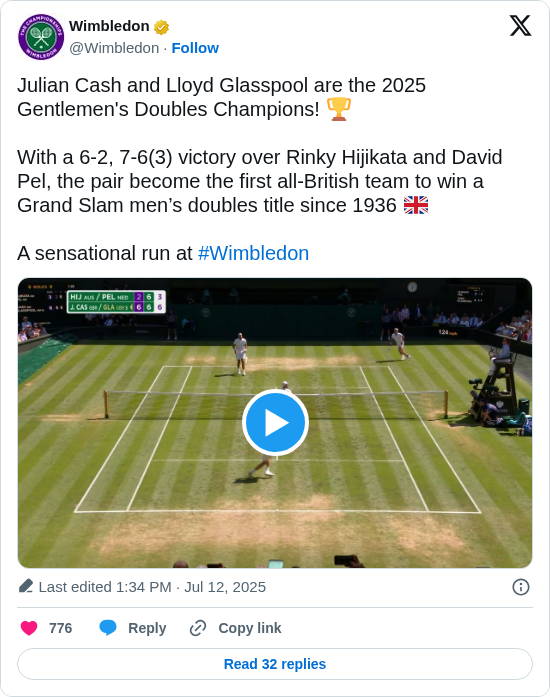 Wimbledon: Julian Cash and Lloyd Glasspool are the 2025 Gentlemen's Doubles Champions! 🏆

With a 6-2, 7-6(3) victory over Rinky Hijikata and David Pel, the pair become the first all-British team to win a Grand Slam men’s doubles title since 1936 🇬🇧

A sensational run at #Wimbledon https://t.co/M2Lnc2mB0k