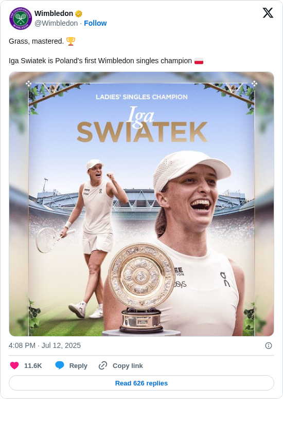 Wimbledon: Grass, mastered. 🏆

Iga Swiatek is Poland's first Wimbledon singles champion 🇵🇱 https://t.co/5fsPpX4ANC