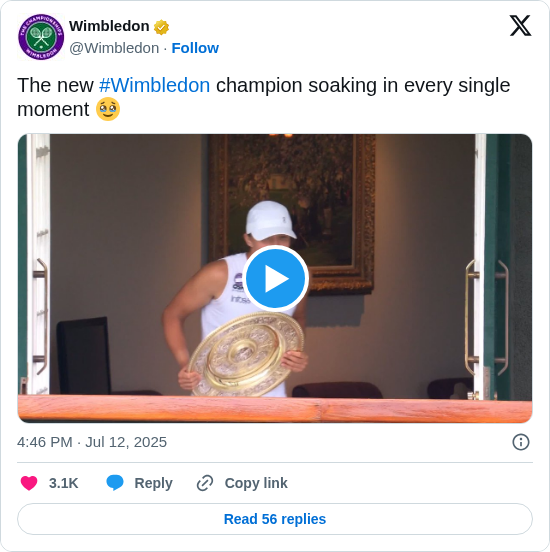 Wimbledon: The new #Wimbledon champion soaking in every single moment 🥹 https://t.co/rV419BKHyH