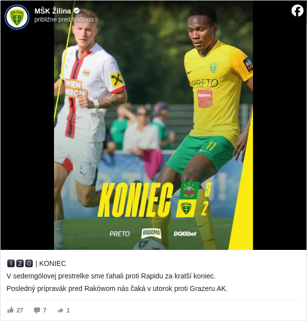 MŠK Žilina: 1️⃣2️⃣0️⃣ | KONIEC 

 V sedemgólovej prestrelke sme ťahali proti Rapidu za kratší koniec.

 Posledný prípravák pred Rakówom nás čaká v utorok proti Grazeru AK.

