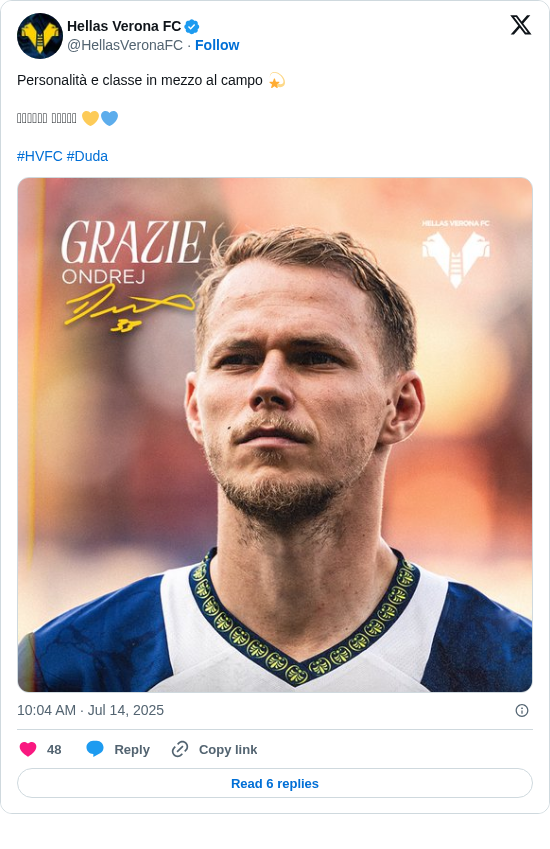 Hellas Verona FC: Personalità e classe in mezzo al campo 💫

𝓖𝓻𝓪𝔃𝓲𝓮 𝓓𝓾𝓭𝓪𝓸 💛💙

#HVFC #Duda https://t.co/aTlHrkjWKp