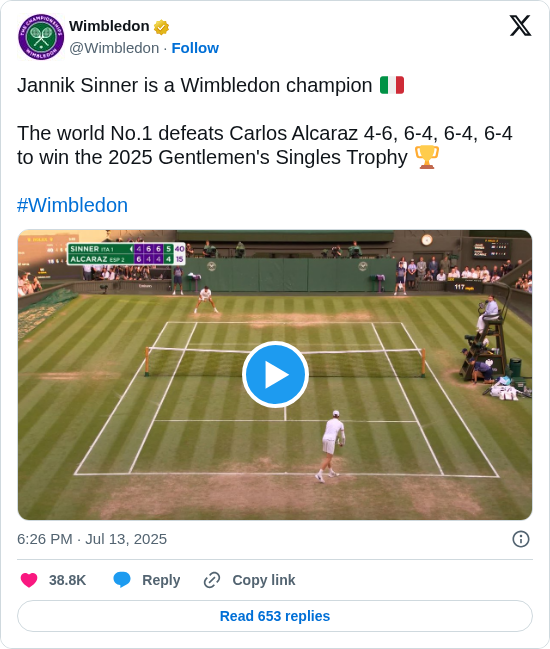 Wimbledon: Jannik Sinner is a Wimbledon champion 🇮🇹

The world No.1 defeats Carlos Alcaraz 4-6, 6-4, 6-4, 6-4 to win the 2025 Gentlemen's Singles Trophy 🏆

#Wimbledon https://t.co/UMnwV4Fw78