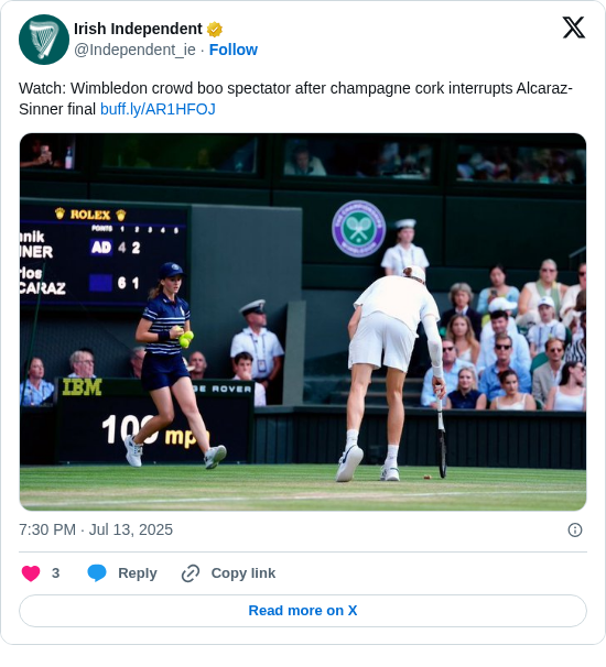 Irish Independent: Watch: Wimbledon crowd boo spectator after champagne cork interrupts Alcaraz-Sinner final https://t.co/FkffvYDaHP https://t.co/UrTrILvHAk