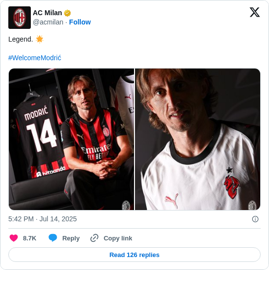 AC Milan: Legend. 🌟

#WelcomeModrić https://t.co/U5lhhoACXX