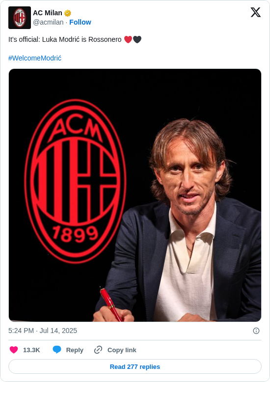 AC Milan: It’s official: Luka Modrić is Rossonero ❤️🖤 
 
#WelcomeModrić https://t.co/ur2atXySas