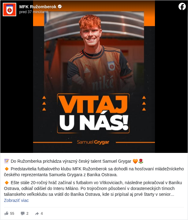 MFK Ružomberok: 📝 Do Ružomberka prichádza výrazný český talent Samuel Grygar 🧡🌹

 🔸 Predstavitelia futbalového klubu MFK Ružomberok sa dohodli na hosťovaní mládežníckeho českého reprezentanta Samuela Grygara z Baníka Ostrava.

 🔸 Ešte stále 20-ročný hráč začínal s futbalom vo Vítkoviciach, následne pokračoval v Baníku Ostrava, odkiaľ odišiel do Interu Miláno. Po trojročnom pôsobení v dorasteneckých tímoch talianskeho veľkoklubu sa vrátil do Baníka Ostrava, kde si pripísal aj prvé štarty v seniorskej súťaži. Český stredopoliar bude hosťovať v Ružomberku do konca júna 2026.

 🔸 Vitaj u nás Samuel Grygar!

