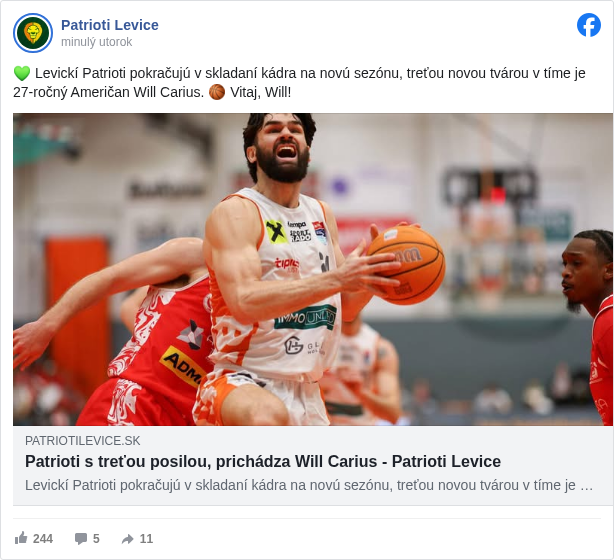 Patrioti Levice: 💚 Levickí Patrioti pokračujú v skladaní kádra na novú sezónu, treťou novou tvárou v tíme je 27-ročný Američan Will Carius. 🏀 Vitaj, Will!

